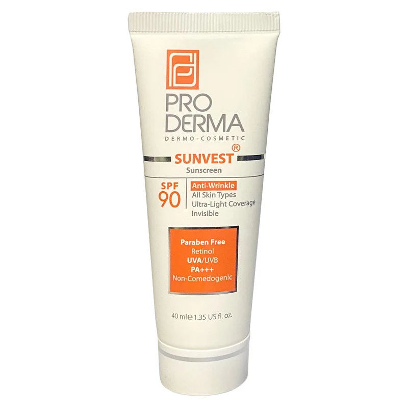 کرم ضد آفتاب بدون رنگ پرودرما SPF90 مدل +++PA مناسب انواع پوست حجم 40 میلیلیتر
