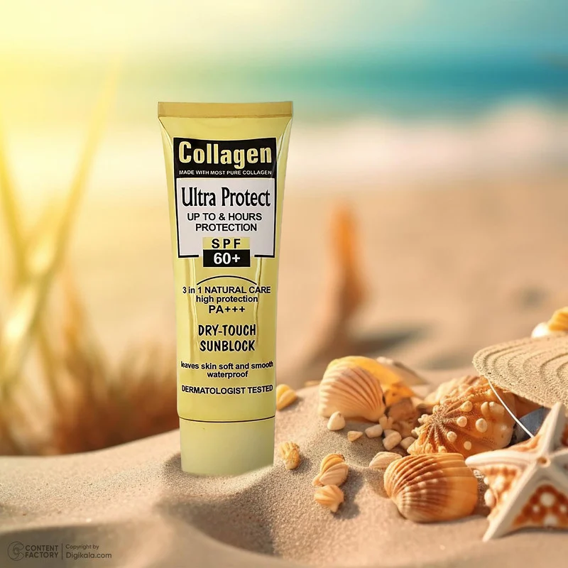 کرم ضد آفتاب بدون رنگ کلاژن، 60 SPF، مدل Ultra Protect، مناسب انواع پوست و حجم 130 میلی‌لیتر، محافظت کننده در برابر اشعه UVA و UVB، ضد آب، +++ PA، نرم کننده، روشن کننده پوست، مات کننده، با ماندگاری 2 ساعته