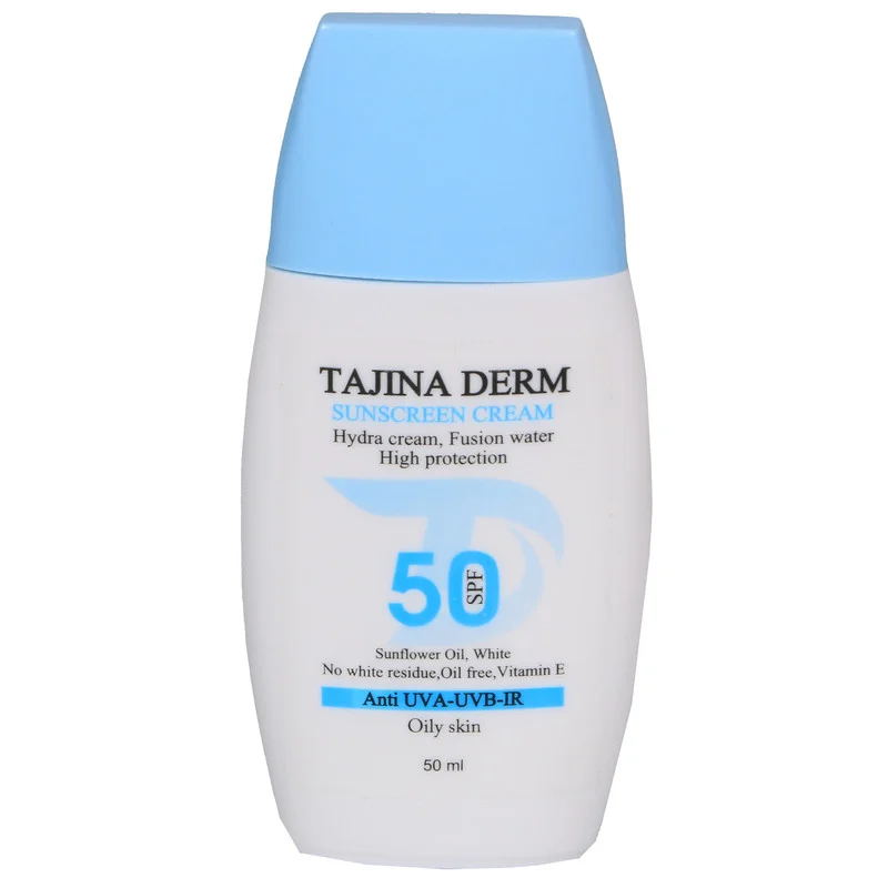کرم ضد آفتاب بی‌رنگ تاجینادرم SPF 50 مدل oily محافظ UVA/UVB مناسب برای پوست های چرب حجم 50 میلی‌لیتر