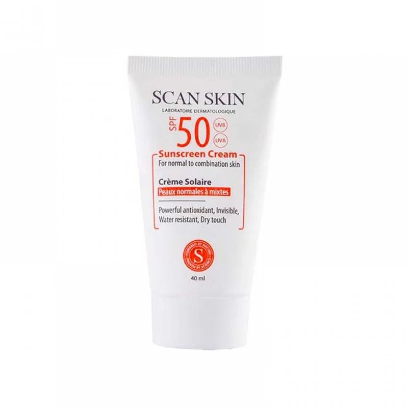 کرم ضدآفتاب بی‌رنگ اسکن اسکین مدل SPF50، مناسب پوست‌های معمولی و مختلط، حجم 40 میلی‌لیتر