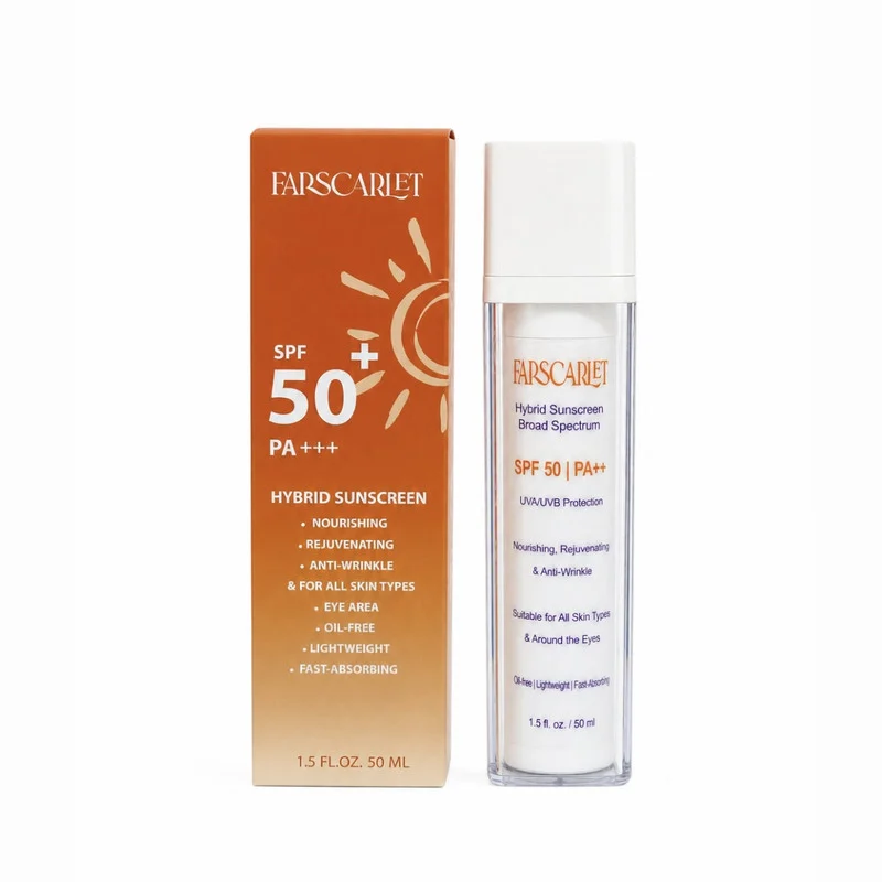 کرم ضد آفتاب بی رنگ فارسکارلت SPF 50 مدل hibrid محافظ UVA , UVB مناسب برای انواع پوست حجم 50 میلی لیتر