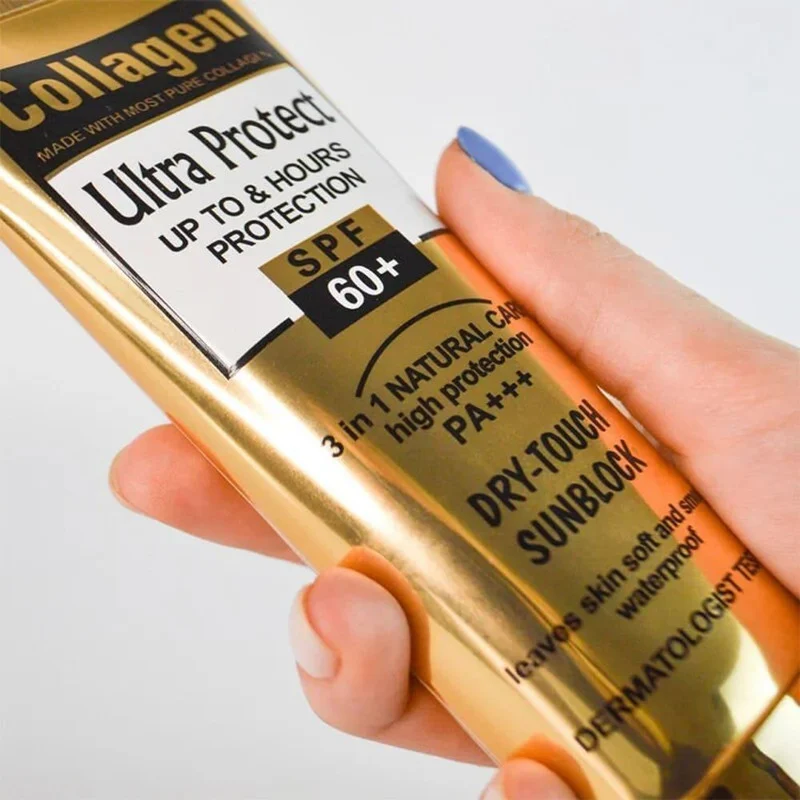 کرم ضد آفتاب بدون رنگ کلاژن، 60 SPF، مدل Ultra Protect، مناسب انواع پوست و حجم 130 میلی‌لیتر، محافظت کننده در برابر اشعه UVA و UVB، ضد آب، +++ PA، نرم کننده، روشن کننده پوست، مات کننده، با ماندگاری 2 ساعته