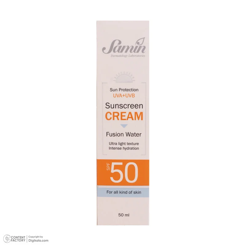 کرم ضد آفتاب بی‌رنگ دست و صورت ثمین SPF 50 مدل Fusion Water ‌محافظ UVA ، UVB مناسب برای انواع پوست حجم 50 میلی لیتر