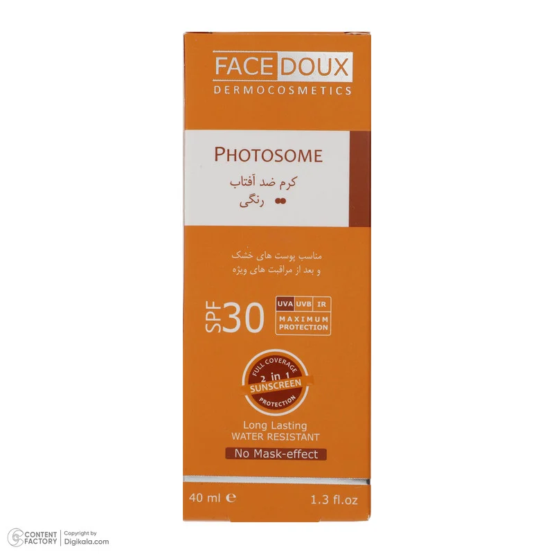 کرم ضد آفتاب رنگی فیس دوکس SPF 30 مدل photosome 02 محافظ اشعه UVA و UVB، ‌ضد آب، مناسب پوست های خشک حجم 40 میلی لیتر