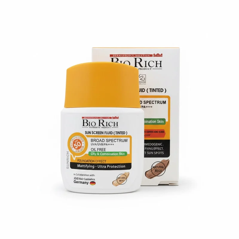 فلوئید ضد آفتاب رنگی صورت بایوریچ SPF 50 مدل BROAD SPECTRUM ‌محافظ UVA ،UVB و PA+++،مناسب برای پوست‌ چرب و مختلط حجم 50 میلی‌لیتر