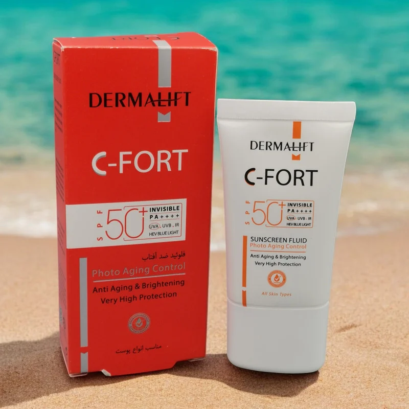 فلوئید ضد آفتاب بی رنگ درمالیفت SPF 50 مدل C-Fort ‌محافظ UVA ،UVB و PA++++، حاوی ویتامین C، ضد پیری، مناسب انواع پوست‌ حجم 40 میلی‌لیتر