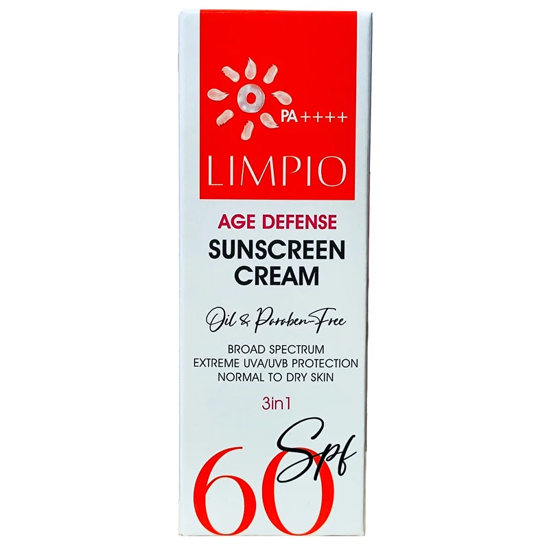 کرم ضد آفتاب بی رنگ لیمپیو SPF 60 مدل Age Defense ‌محافظ UVA ، UVB و PA++++، ضد حساسیت، ضد چروک و پیری ، مناسب پوست‌های نرمال و خشک حجم 50 میلی‌لیتر