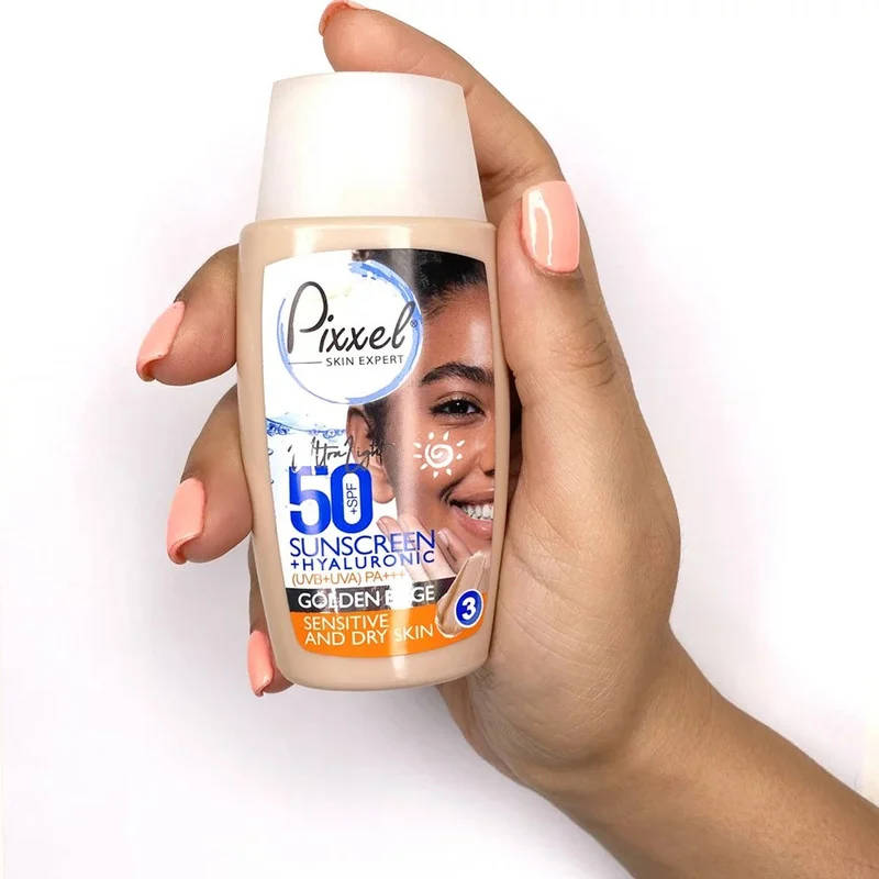 کرم ضد آفتاب رنگی پیکسل، 50 SPF، مدل GOLDEN BEIGE، مناسب پوست نرمال، خشک و حساس تنالیته رنگ تیره و حجم 50 میلی‌لیتر، محافظت کننده در برابر اشعه UVA و UVB، ضد حساسیت، +++ PA، آبرسان، با ماندگاری 2 ساعته