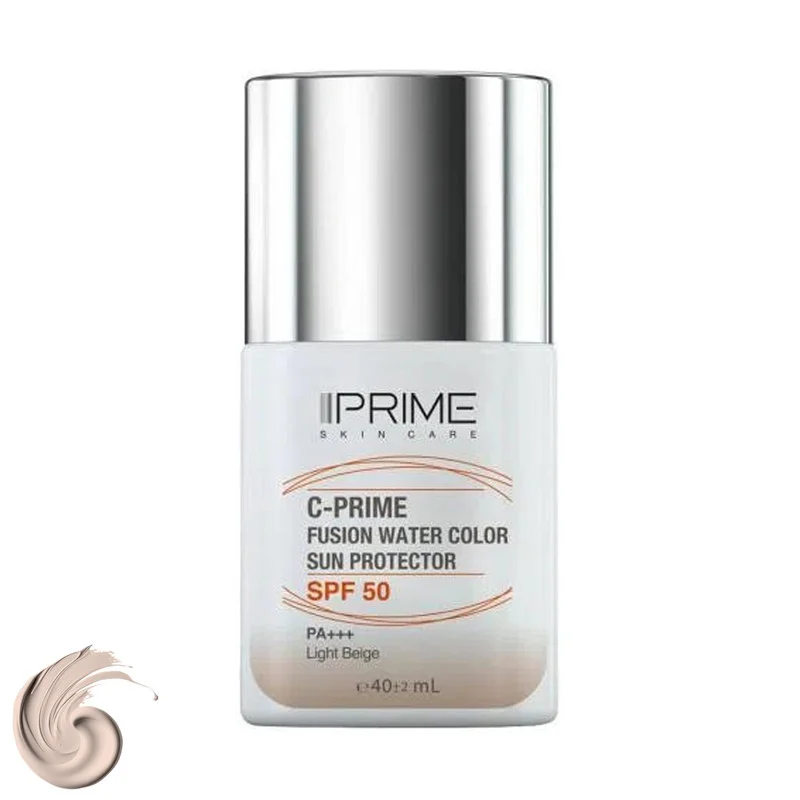 فلوئید ضد آفتاب رنگی پرایم، SPF 50، مدل فیوژن واتر، مناسب انواع پوست با تنالیته روشن و حجم 40 میلی لیتر، محافظت‌کننده در برابر اشعه‌های PA++++ ،UVA ،UVB، دارای فرمولاسیون فاقد چربی، ویتامین سی و آنتی اکسیدان، با ماندگاری 4 ساعته