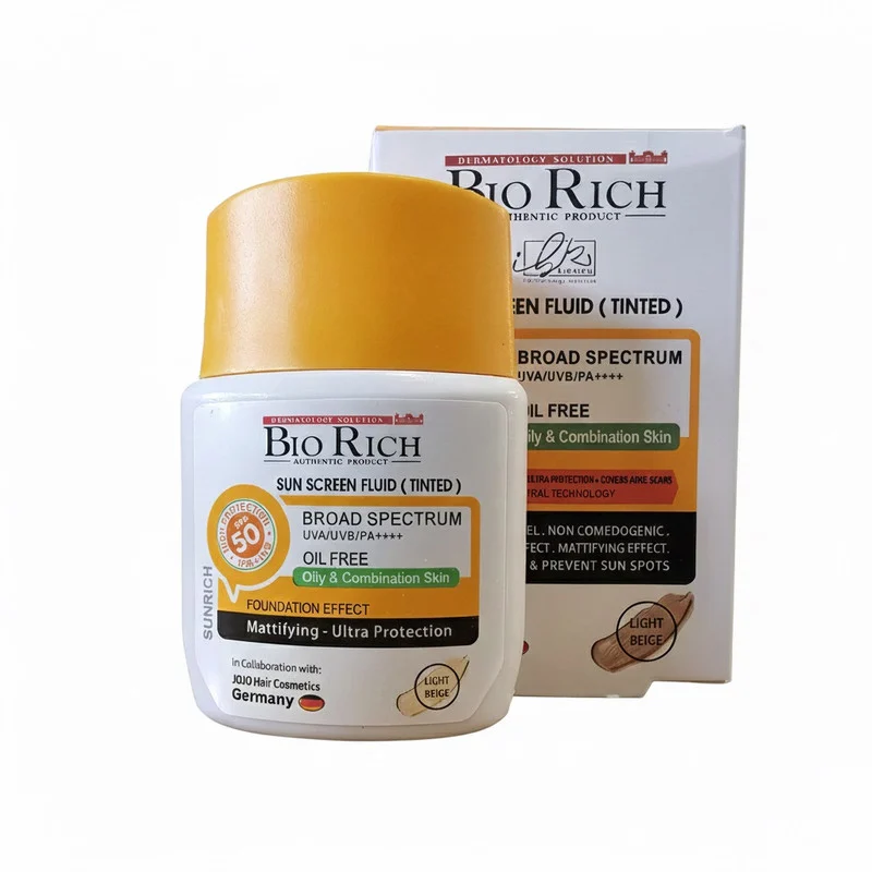 فلوئید ضد آفتاب رنگی بایوریچ SPF 50 مدل BROAD SPECTRUM ‌محافظ UVA ،UVB و PA+++،مناسب برای پوست‌ چرب و مختلط حجم 50 میلی‌لیتر