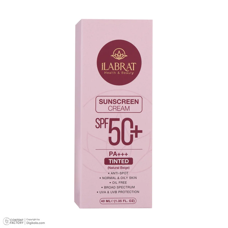 کرم ضدآفتاب رنگی ایلابرت +SPF50 مدل ضدلک natural beige، مناسب پوست‌های چرب و معمولی، حجم 40 میلی‌لیتر
