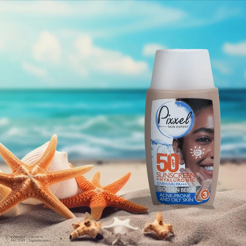 کرم ضد آفتاب رنگی پیکسل، SPF 50، مدل GOLDEN BEIGE، مناسب پوست‌های آکنه‌دار و چرب با تنالیته تیره و حجم 50 میلی‌لیتر، محافظت‌کننده در برابر اشعه‌های UVA و PA ،UVB+++، ضد جوش و آکنه، دارای فرمولاسیون فاقد چربی و هیالورونیک اسید، با ماندگاری 2 ساعته