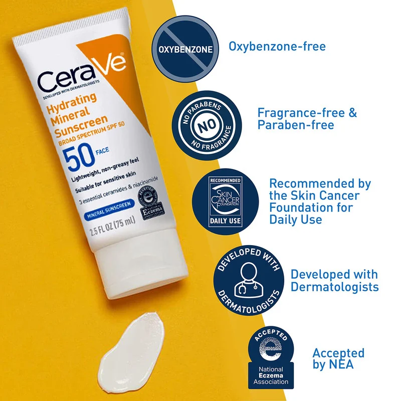 لوسیون ضد آفتاب بدون رنگ سراوی SPF 50 مدل Hydrating Mineral ‌مناسب انواع پوست حجم 75 میلی‌لیتر