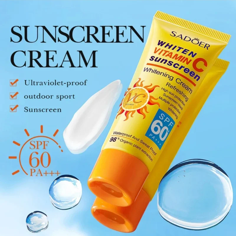 کرم ضد آفتاب بدون رنگ صورت و بدن سادور spf60 مدل ویتامین سی محافظ UVA،UVB مناسب برای انواع پوست وزن 50 گرم