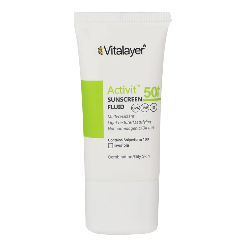 فلوئید ضدآفتاب بی‌رنگ ویتالیر SPF50 مدل Activit، مناسب پوست‌های مختلط و چرب، حجم 50 میلی‌لیتر