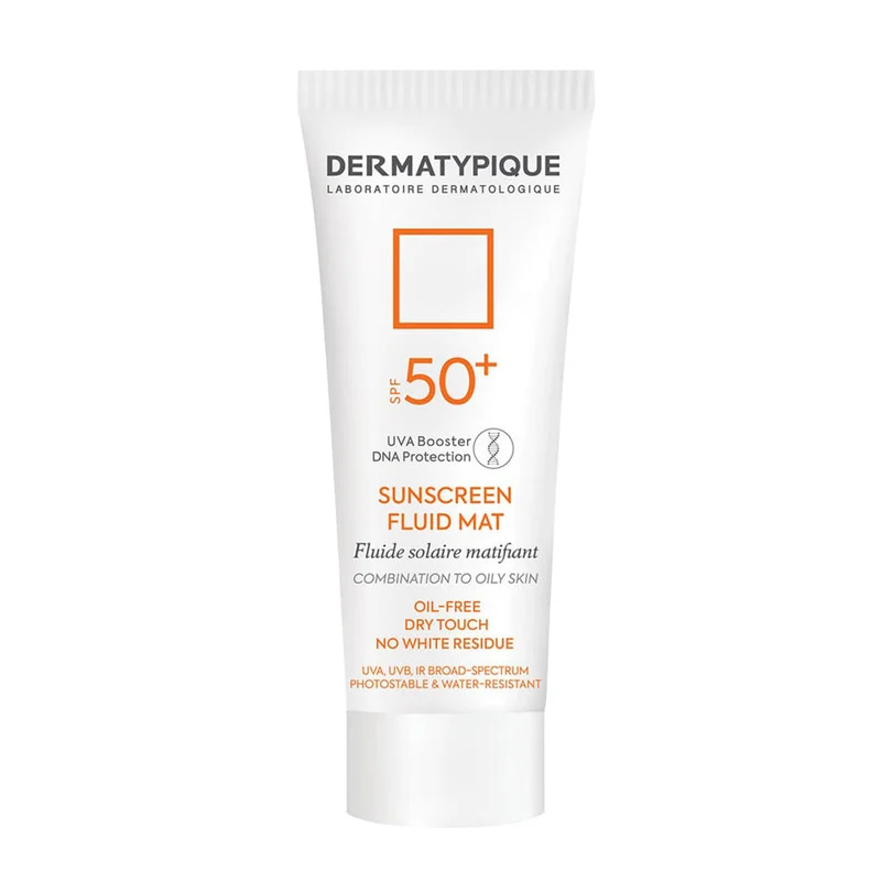 فلوئید ضد آفتاب بیرنگ صورت درماتیپیک SPF50 مدل FLUID MAT محافظ در برابر UVA,UVB مناسب برای پوست چرب حجم 50 میلی لیتر