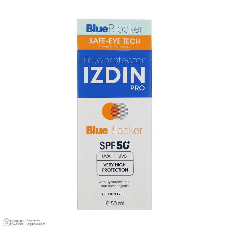 فلوئید ضد آفتاب بیرنگ صورت و گردن ایزدین پرو SPF 50 مدل Blue Blocker محافظ در برابر اشعه UVA و UVB مناسب برای انواع پوست حجم 50 میلیلیتر