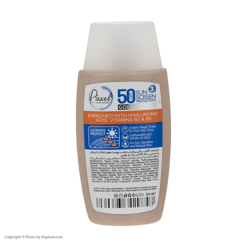کرم ضد آفتاب رنگی پیکسل، 50 SPF، مدل GOLDEN BEIGE، مناسب پوست نرمال، خشک و حساس تنالیته رنگ تیره و حجم 50 میلی‌لیتر، محافظت کننده در برابر اشعه UVA و UVB، ضد حساسیت، +++ PA، آبرسان، با ماندگاری 2 ساعته