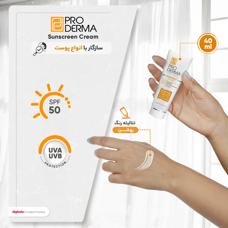 کرم ضدآفتاب فاقد چربی پرودرما مدل SPF50، حجم 40 میلی‌لیتر