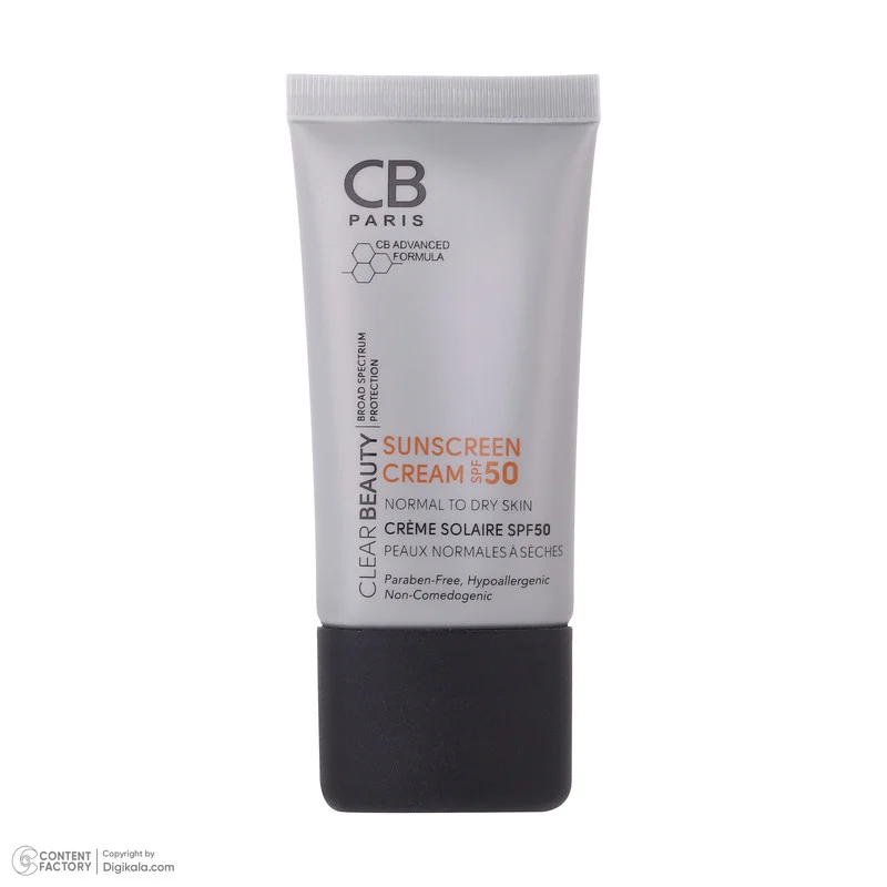 کرم ضد آفتاب بدون رنگ سی بی پاریس SPF 50 مدل 054 مناسب پوستهای معمولی و خشک حجم 40 میلیلیتر