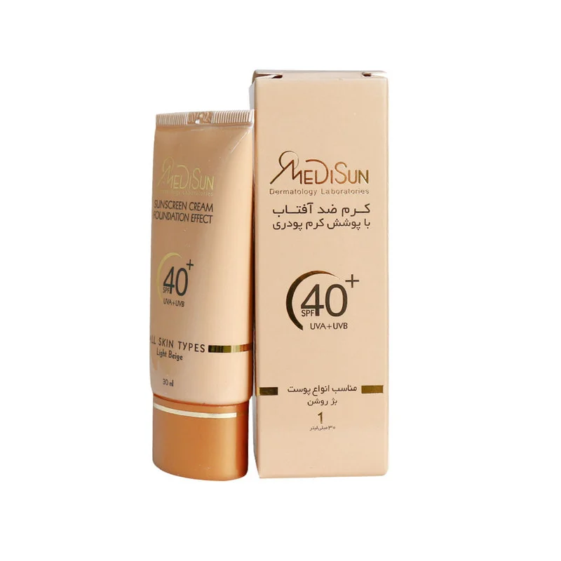 کرم ضد آفتاب رنگی مدیسان، SPF 40، مدل No1، مناسب انواع پوست با تنالیته متوسط و حجم 30 میلی‌لیتر، محافظت‌کننده در برابر اشعه‌های UVA و UVB، ضد چروک و پیری، دارای فرمولاسیون تیتانیوم دی اکساید و گلیسیرین، با ماندگاری 3 ساعته