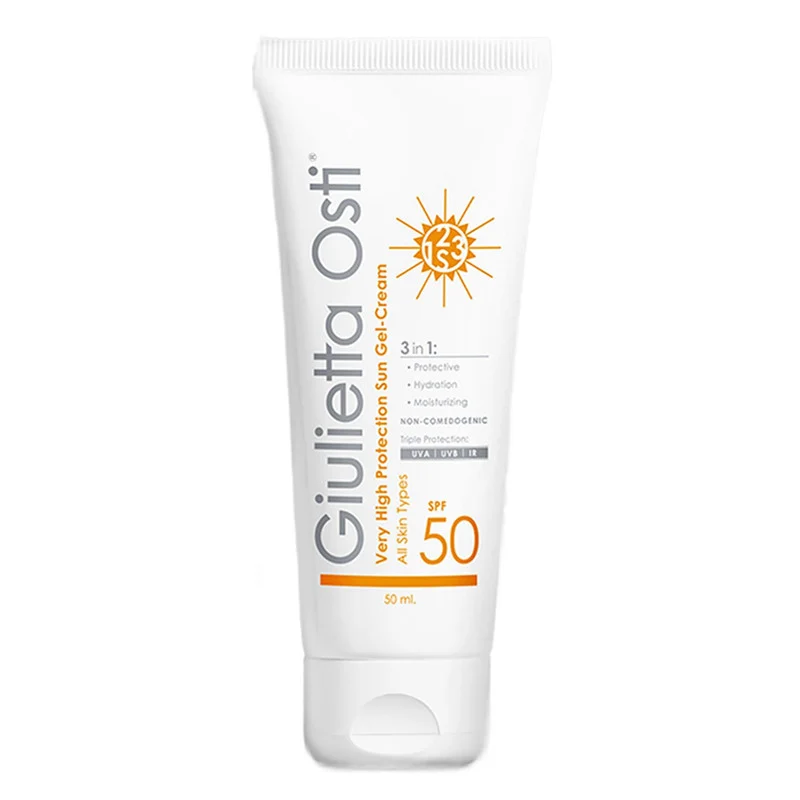 ژل ضدآفتاب بی رنگ صورت جولیتا اوستی spf50 مدل آبرسان مناسب برای انواع پوست حجم 50 میلی لیتر