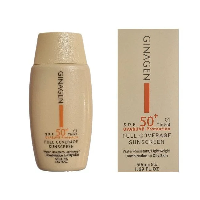 کرم ضد آفتاب رنگی ژیناژن، SPF 50، مدل 01، ‌مناسب پوست‌های چرب و مختلط با تنالیته روشن و حجم 50 میلی‌لیتر، ضد آب، محافظت‌کننده در برابر اشعه‌های UVA و UVB، ضد چروک، ضد لک و پیری، دارای فرمولاسیون مواد و املاح معدنی، با ماندگاری 2 ساعته