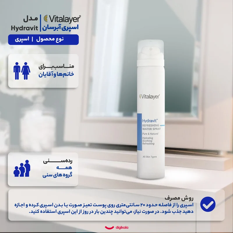 اسپری آبرسان صورت و بدن ویتالیر مدل Hydravit مناسب برای انواع پوست حجم 75 میلی لیتر