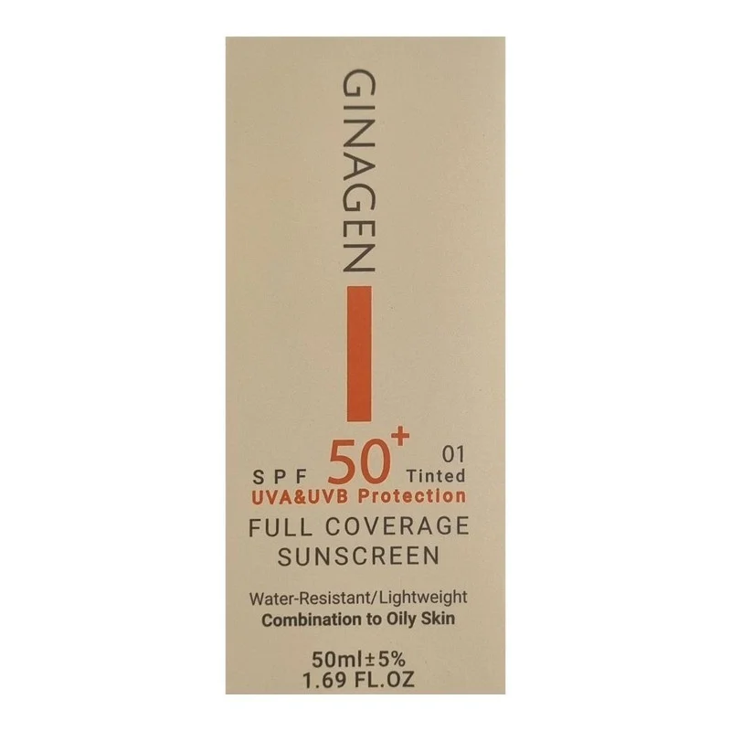 کرم ضد آفتاب رنگی ژیناژن، SPF 50، مدل 01، ‌مناسب پوست‌های چرب و مختلط با تنالیته روشن و حجم 50 میلی‌لیتر، ضد آب، محافظت‌کننده در برابر اشعه‌های UVA و UVB، ضد چروک، ضد لک و پیری، دارای فرمولاسیون مواد و املاح معدنی، با ماندگاری 2 ساعته