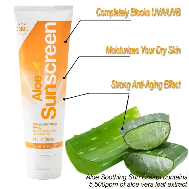 کرم ضد آفتاب بی‌رنگ فوراور لیوینگ پروداکتس، SPF 30، مدل 01، مناسب انواع پوست با حجم 118 میلی‌لیتر، محافظت‌کننده در برابر اشعه‌های UVA و UVB، ضد آب و مرطوب‌کننده، روشن‌کننده، دارای فرمولاسیون زینک اکساید، آلوئه ورا و ویتامین E، با ماندگاری 2 ساعته