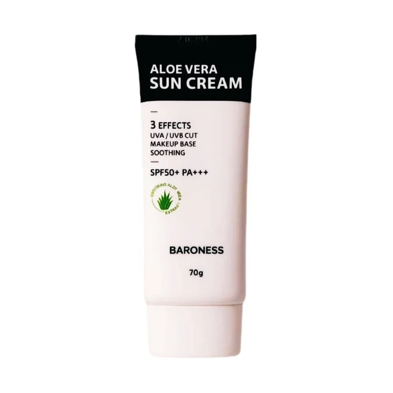 کرم ضد آفتاب بی‌رنگ صورت بارونس SPF 50 مدل آلوئه ورا محافظ UVA،UVB مناسب برای پوست‌ چرب و مختلط وزن 70 گرم