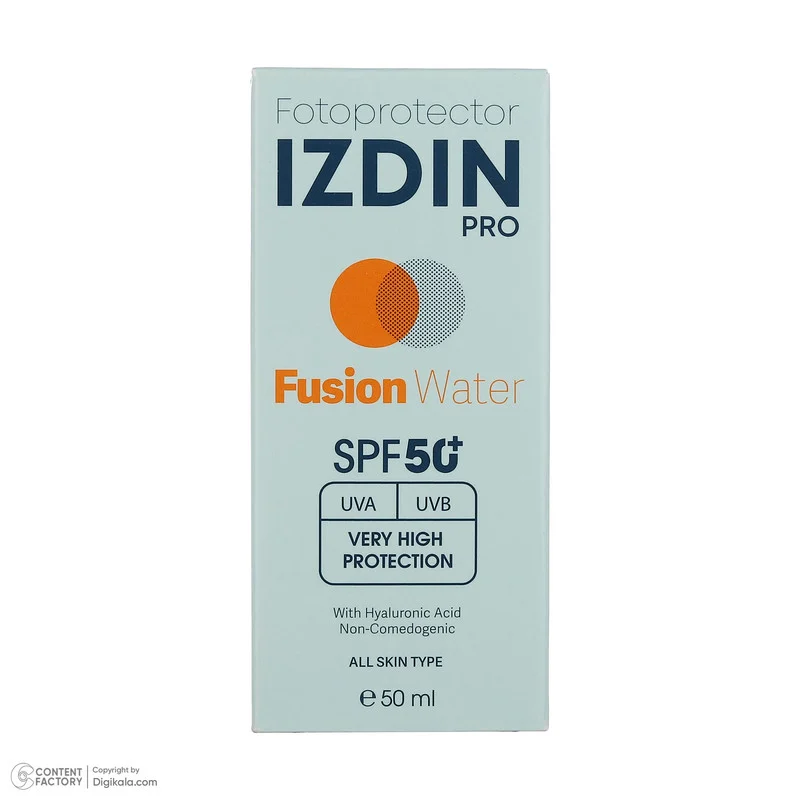 فلوئید ضد آفتاب بی‌رنگ صورت و گردن ایزدین پرو SPF 50 مدل Fusion Water ‌محافظ در برابر اشعه UVA و UVB مناسب برای انواع پوست حجم 50 میلی‌لیتر