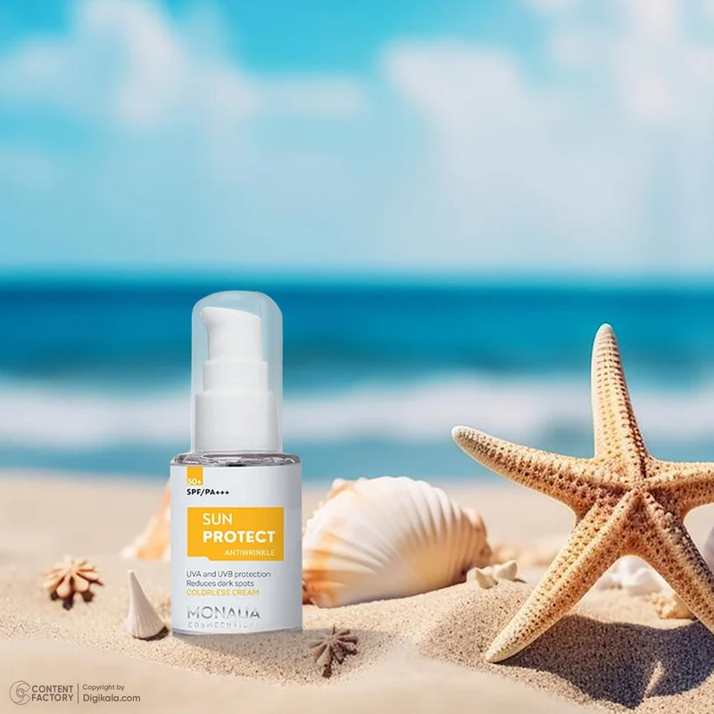 کرم ضد آفتاب بیرنگ مونالیا، 50 SPF، مدل SUNPROTECT، مناسب انواع پوست با حجم 30 میلیلیتر، محافظتکننده در برابر اشعههای UVA و UVB، ضد آب، PA+++، ضد چروک، دارای فرمولاسیون کلاژن، ویتامینهای E، C و B، بدون پارابن، الکل و چربی، با ماندگاری 3 ساعته