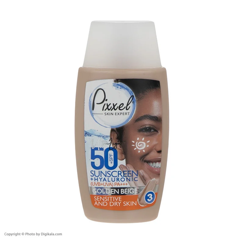 کرم ضد آفتاب رنگی پیکسل، 50 SPF، مدل GOLDEN BEIGE، مناسب پوست نرمال، خشک و حساس تنالیته رنگ تیره و حجم 50 میلی‌لیتر، محافظت کننده در برابر اشعه UVA و UVB، ضد حساسیت، +++ PA، آبرسان، با ماندگاری 2 ساعته