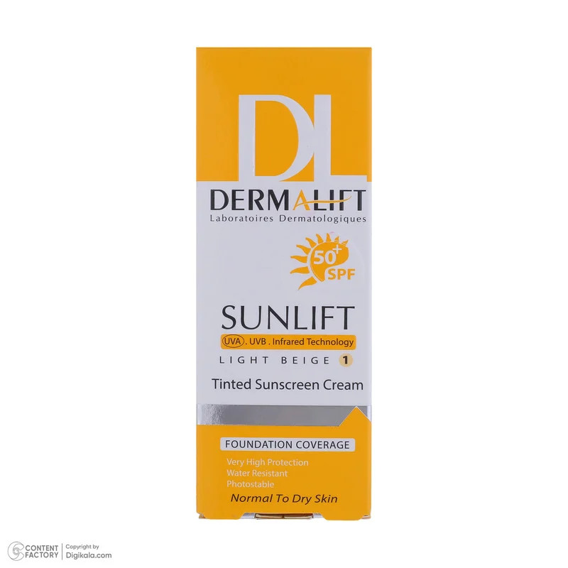 کرم ضد آفتاب رنگی درمالیفت، SPF50، مدل سانلیفت، مناسب پوست خشک و معمولی تنالیته رنگ روشن و حجم 40 میلی‌لیتر، محافظت کننده در برابر اشعه UVA، UVB و IR، مقاوم در برابر آب، دارای فرمولاسیون شیمیایی، با ماندگاری 3 ساعته