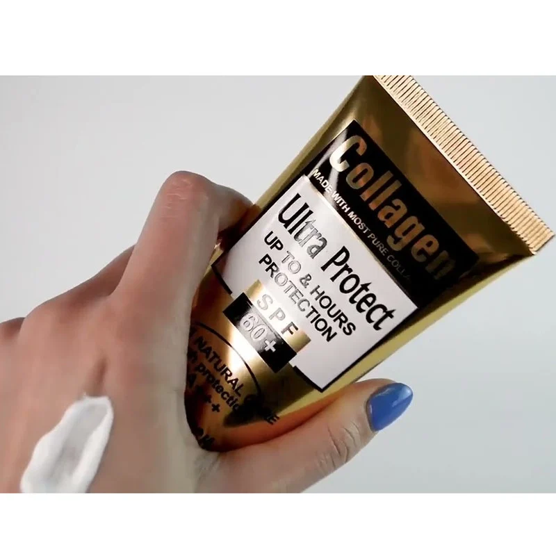 کرم ضد آفتاب بدون رنگ کلاژن، 60 SPF، مدل Ultra Protect، مناسب انواع پوست و حجم 130 میلی‌لیتر، محافظت کننده در برابر اشعه UVA و UVB، ضد آب، +++ PA، نرم کننده، روشن کننده پوست، مات کننده، با ماندگاری 2 ساعته