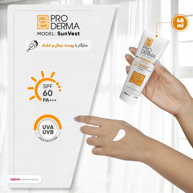 کرم ضدآفتاب و مرطوب‌کننده پرودرما مدل SPF60، حجم 40 میلی‌لیتر