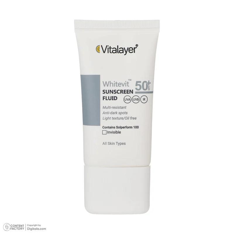 فلوئید ضدآفتاب بی‌رنگ ویتالیر SPF50 مدل Whitevit مناسب انواع پوست، حجم 50 میلی‌لیتر