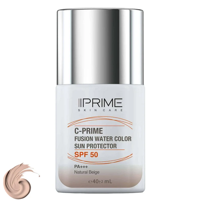 فلوئید ضد آفتاب رنگی پرایم، SPF 50، مدل فیوژن واتر، مناسب انواع پوست با تنالیته متوسط و حجم 40 میلی لیتر، محافظت‌کننده در برابر اشعه‌های PA++++ ،UVA ،UVB، دارای فرمولاسیون فاقد چربی، ویتامین سی و آنتی اکسیدان، با ماندگاری 4 ساعته