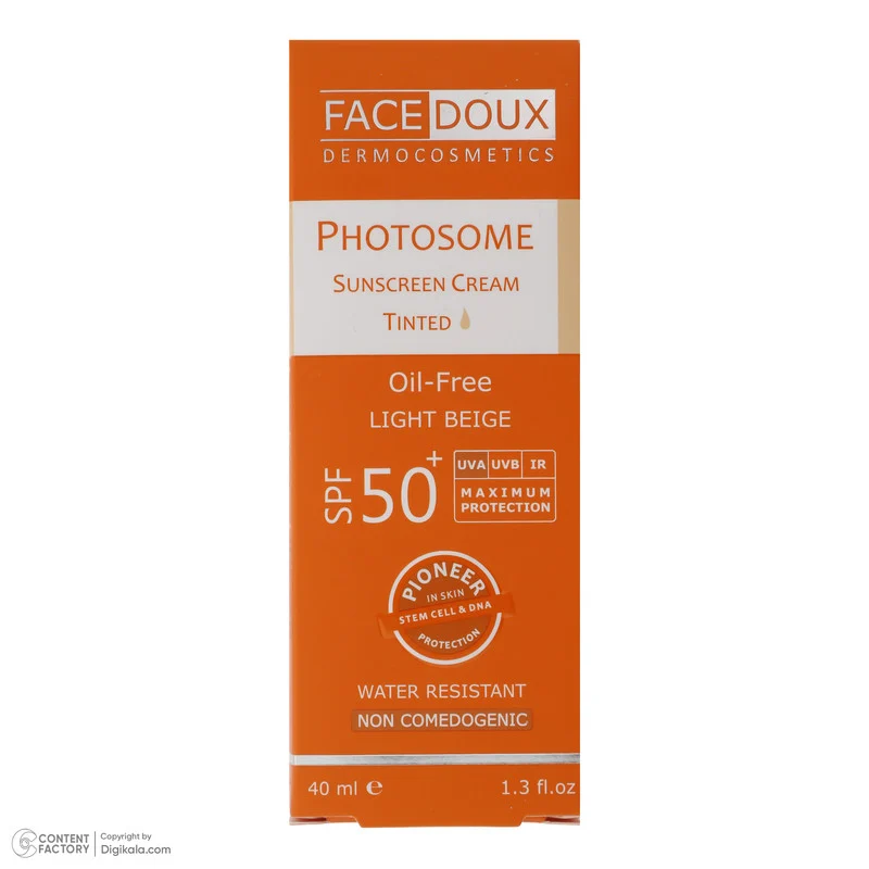 کرم ضد آفتاب رنگی فیس دوکس، SPF 50، مدل فتوزوم، مناسب انواع پوست با تنالیته روشن و حجم 40 میلی‌لیتر، غیر کومدون‌زا، ضد آب، محافظت‌کننده در برابر اشعه‌های UVA و UVB، دارای فرمولاسیون فاقد چربی، با ماندگاری 2 ساعته