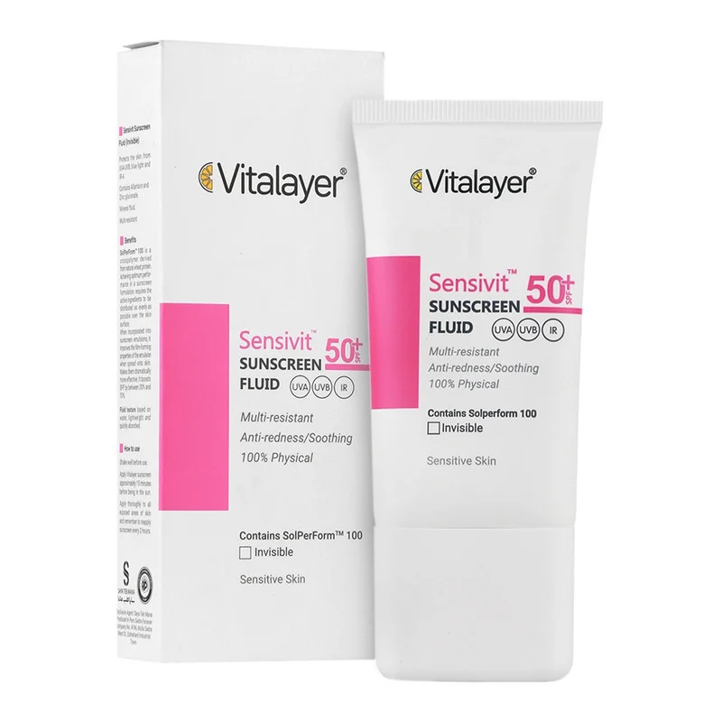 فلوئید ضد آفتاب بی‌رنگ ویتالیر، spf 50، مدل 0128، مناسب پوست های حساس با حجم 50 میلی‌لیتر، ضد حساسیت، محافظت‌کننده در برابر اشعه‌های UVA و UVB، دارای فرمولاسیون دی اکسید تیتانیوم و اکسید روی، با ماندگاری 2 ساعته