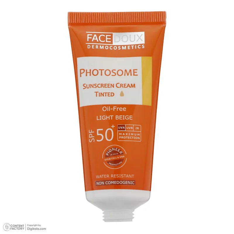 کرم ضد آفتاب رنگی فیس دوکس، SPF 50، مدل فتوزوم، مناسب انواع پوست با تنالیته روشن و حجم 40 میلی‌لیتر، غیر کومدون‌زا، ضد آب، محافظت‌کننده در برابر اشعه‌های UVA و UVB، دارای فرمولاسیون فاقد چربی، با ماندگاری 2 ساعته