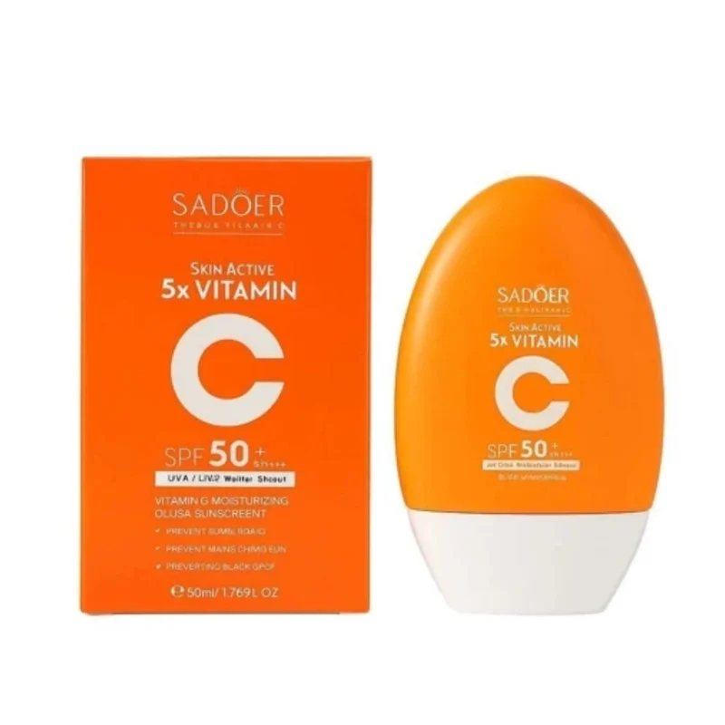 کرم ضد آفتاب بی‌رنگ دست، صورت سادور SPF 50 مدل Vitamin C ×5 ‌، محافظ +++UVA،UVB،PA، مناسب برای انواع پوست حجم ۵۰ میلی‌لیتر