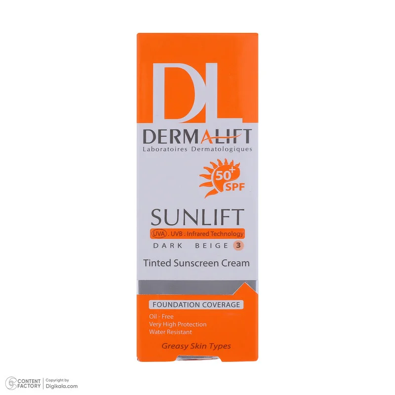 کرم ضد آفتاب رنگی درمالیفت مدل سانلیفت SPF 50 حاوی محافظ UVA و UVB، ضد آب، ضد پیری، ضد جوش و آکنه، مناسب پوست‌ چرب حجم 40 میلی‌لیتر ‌