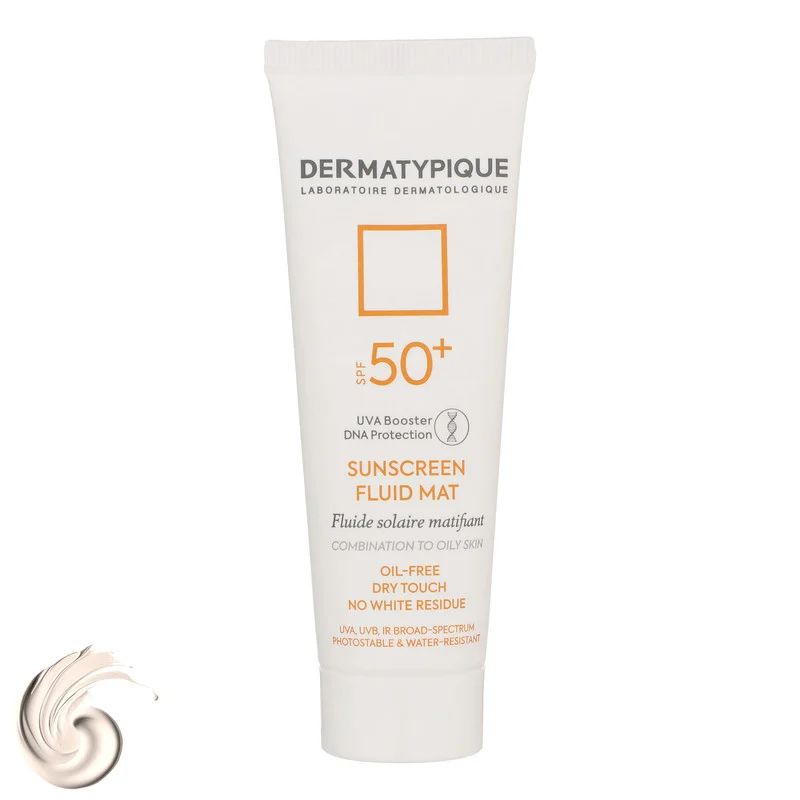 فلوئید ضدآفتاب بی‌رنگ درماتیپیک +SPF50 مدل SFM، مناسب پوست‌های چرب، حجم 50 میلی‌لیتر