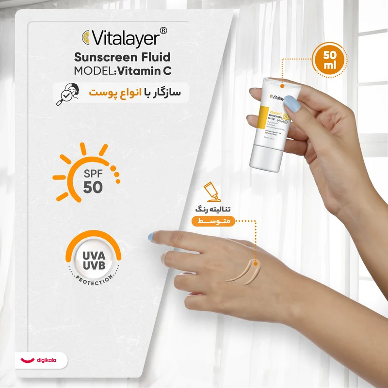 کرم ضد آفتاب رنگی ویتالیر، SPF 50، مدل ویتامین سی، ‌مناسب انواع پوست با تنالیته متوسط و حجم 50 میلی‌لیتر، ضد آب، مرطوب‌کننده، غیر کومدون‌زا، محافظت‌کننده در برابر اشعه‌های UVA و UVB، ویتامین C و آنتی اکسیدان، با ماندگاری 2 ساعته