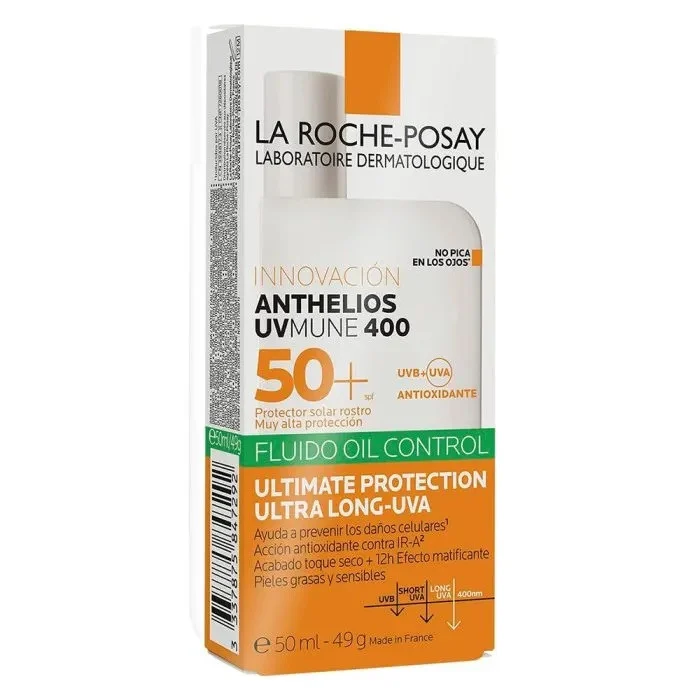 فلوئید ضدآفتاب بی‌رنگ لاروش پوزای +SPF50 مدل Anthelios حاوی محافظ UVA ،UVB، ضدآب مناسب برای انواع پوست حجم 50 میلی‌لیتر