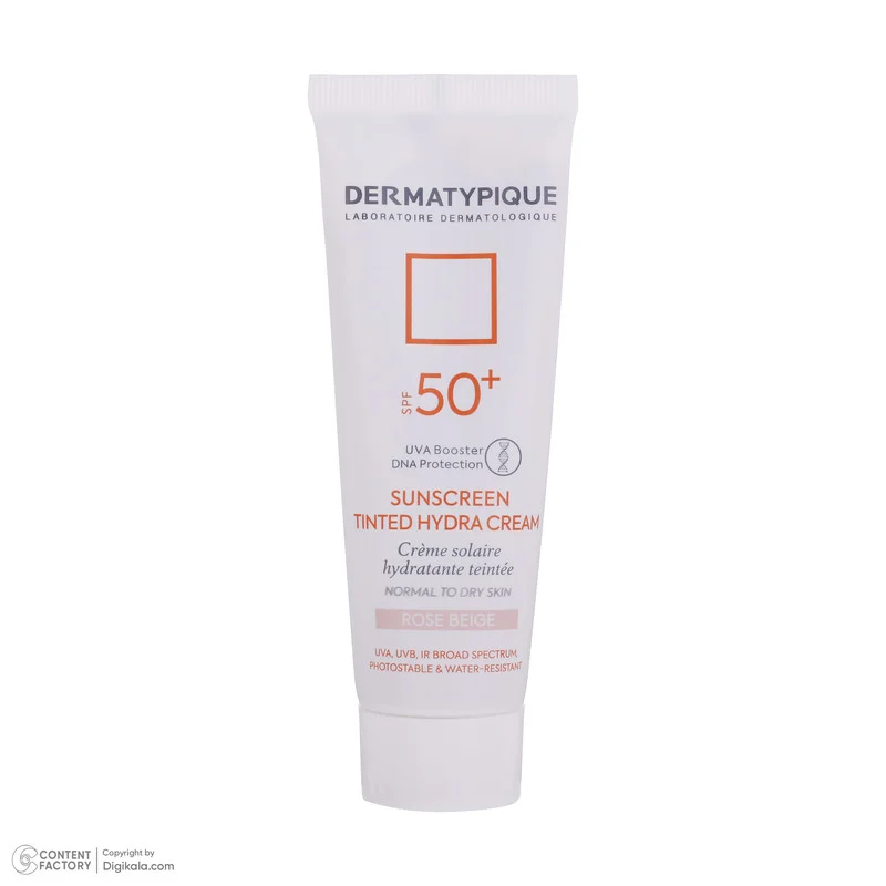 کرم ضد آفتاب رنگی درماتیپیک، 50 SPF، مدل هیدرا، مناسب پوست نرمال تا خشک تنالیته رنگ روشن و حجم 50 میلی‌لیتر، محافظت کننده در برابر اشعه UVA، UVB، IR، ضد آب، ضد خطوط ریز و پیری پوست، مرطوب کننده، التیام‌بخش، با ماندگاری 2 ساعته