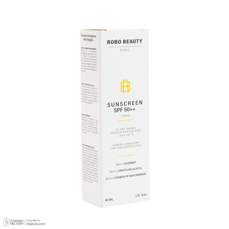 کرم ضد آفتاب بی‌رنگ صورت روبو بیوتی SPF 50 مدل Niacinamide محافظ UVA،UVB مناسب برای انواع پوست حجم 40 میلی لیتر