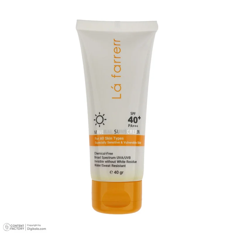 کرم ضد آفتاب بدون رنگ لافارر SPF 40 مدل مینرال ‌حاوی محافظ UVA و UVB و PA+++مناسب پوست‌های حساس حجم 40 میلی‌لیتر